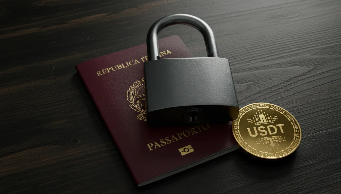 Lucchetto aperto appoggiato su un passaporto italiano accanto a una moneta USDT, su uno sfondo scuro con luce drammatica