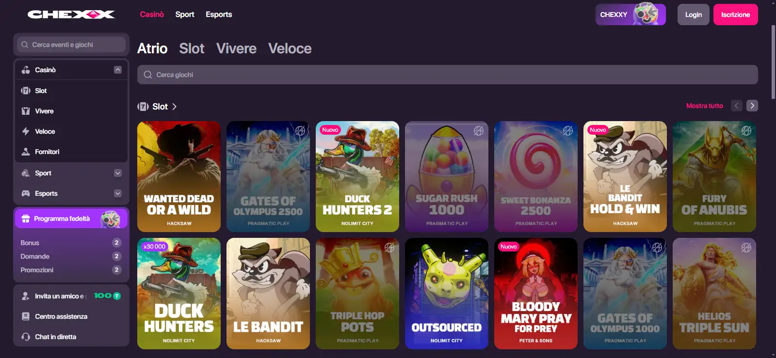 Lobby CHEXX con categorie del casinò e griglia dei giochi