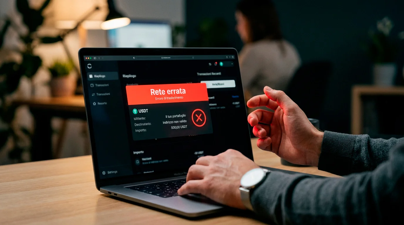 Schermata di transazione USDT con avviso di rete errata su un'interfaccia bookmaker